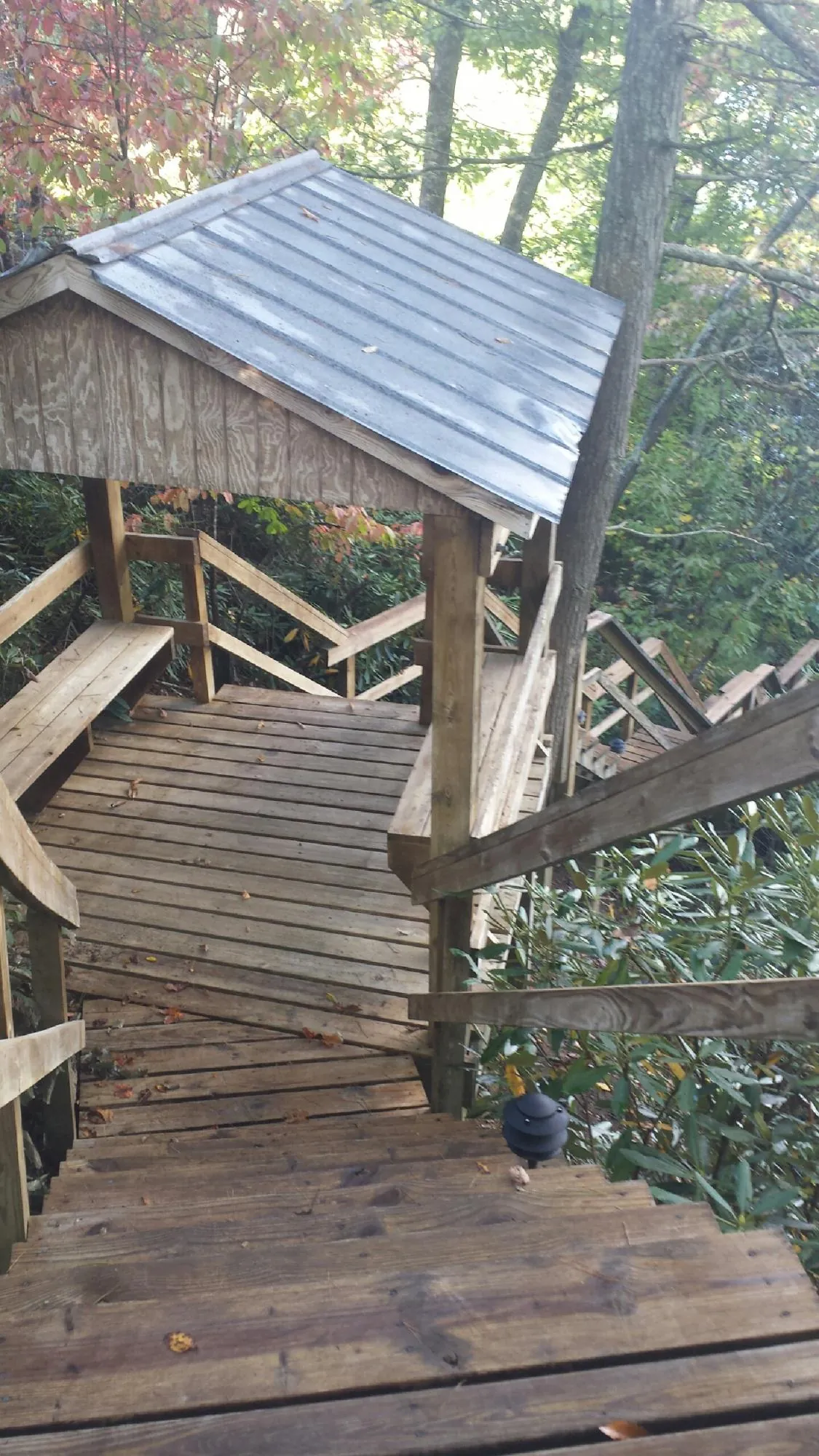 Metal roofed shelter over wooden steps on a wooded walkway — Skylight Repair & Installation work by our crew in Sciota